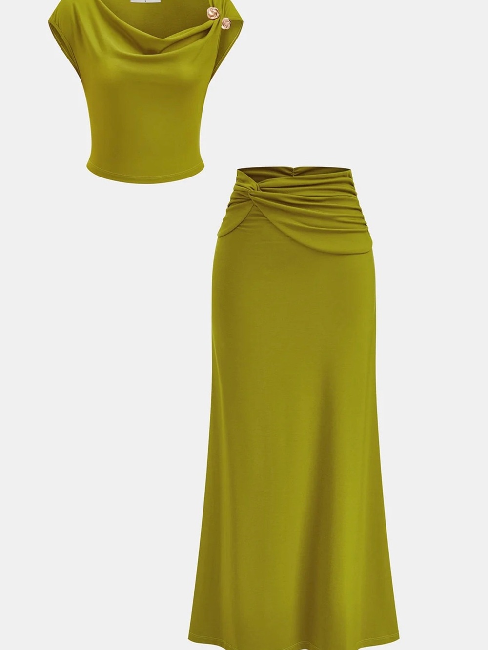 Commense Draped Crop Top & Ruched Skirt Set - Green - Medium